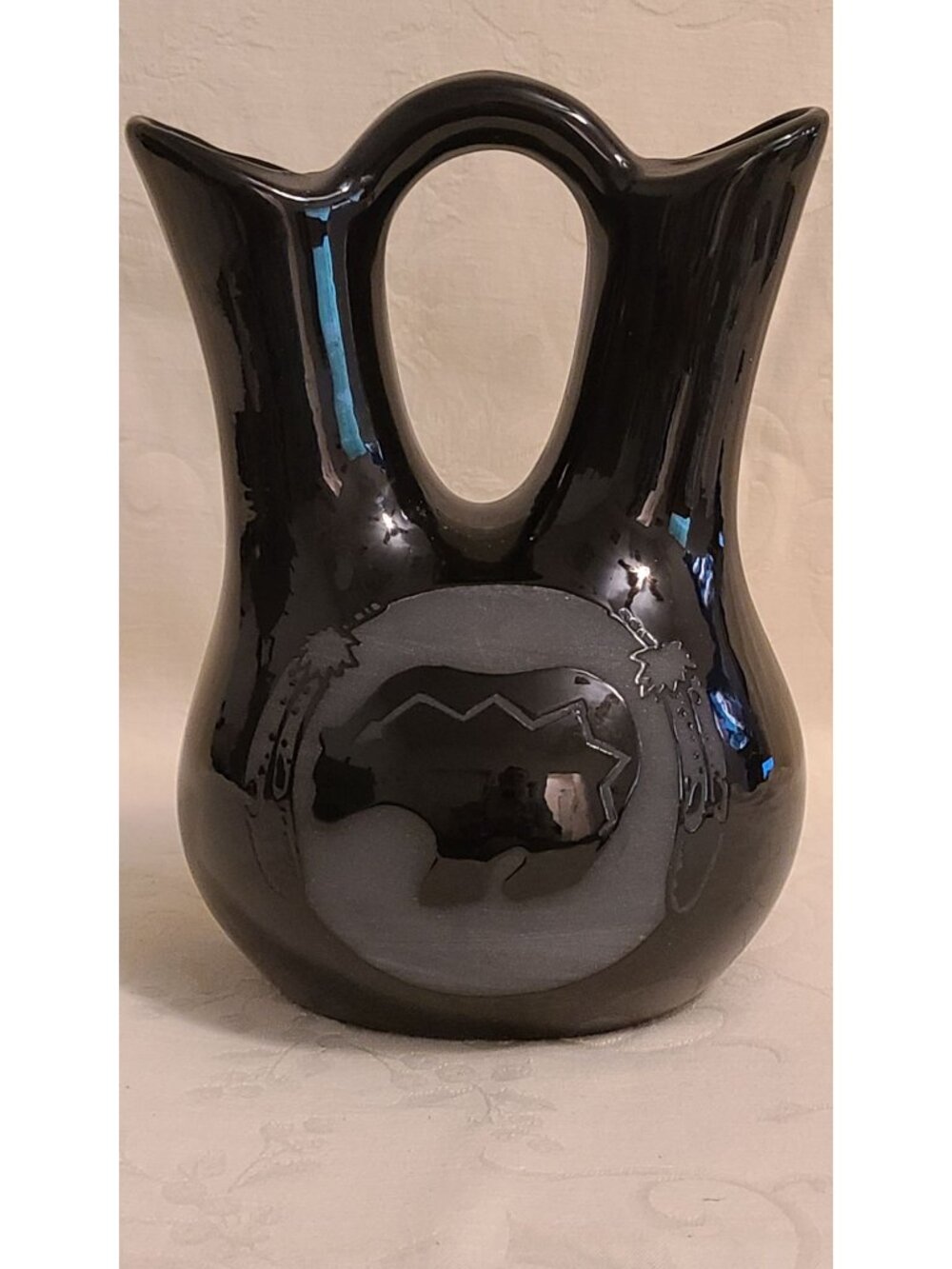 Navajo Dine Wedding Vase Signed Peshlakai '99 Black Etched Pottery